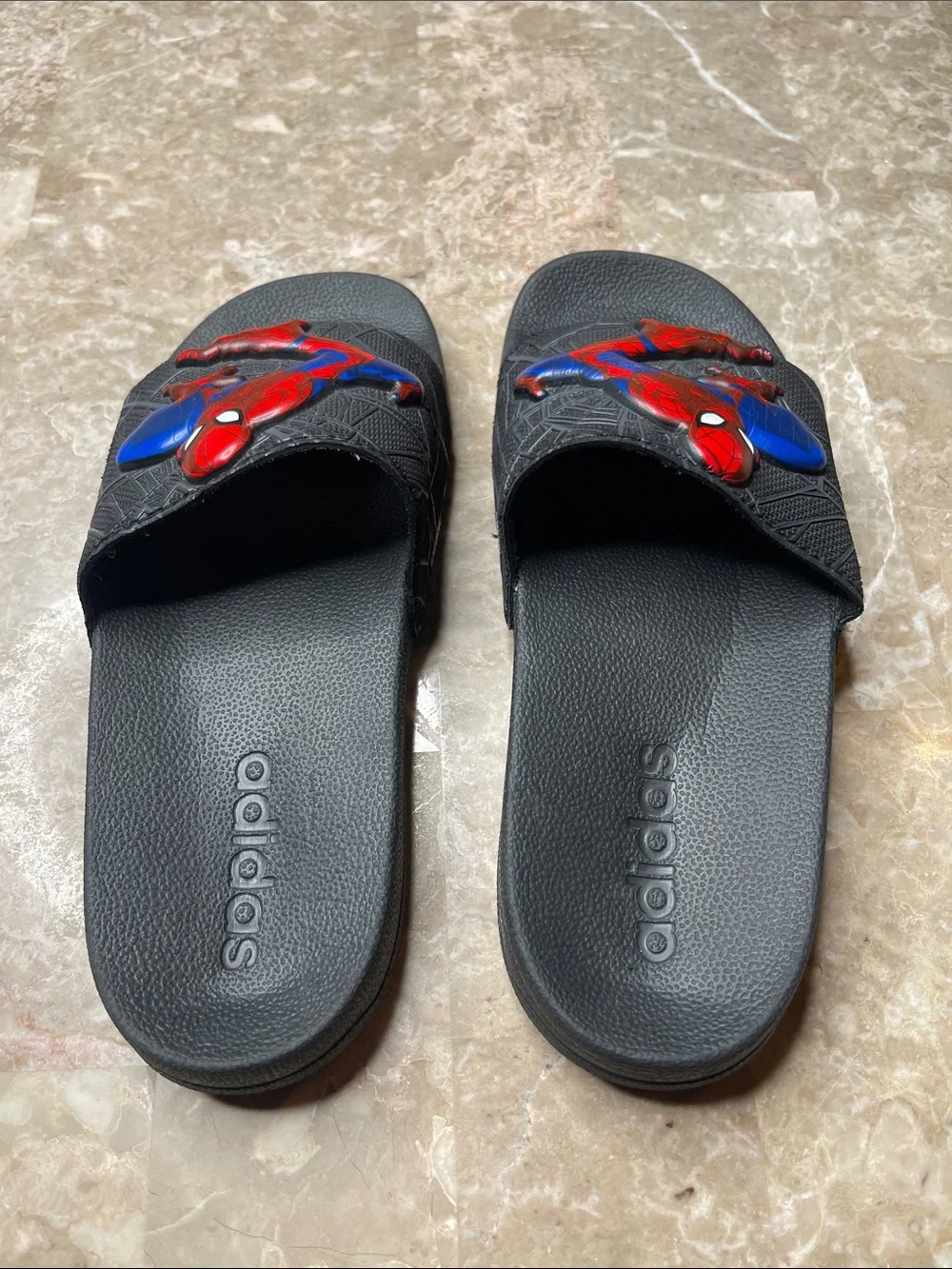 adidas Black Kids Spider-Man Slide Sandals with Red & Blue Accents